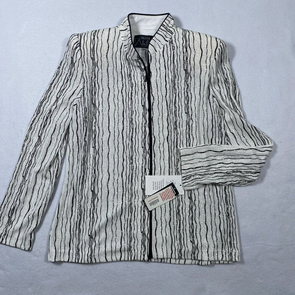 New Alex Evenings Jacket Women Sz S Petite Black White Glitter Formal Party Zip